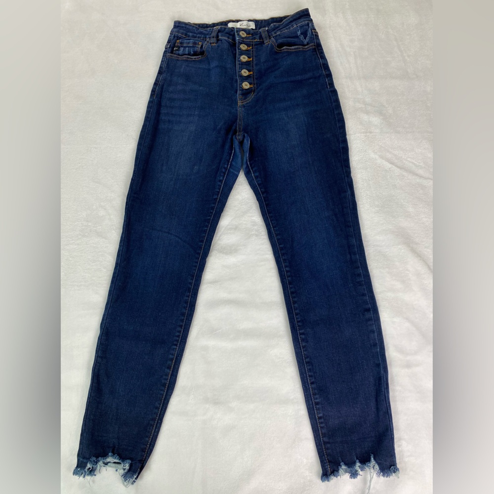 KanCan Jeans Women’s 9/28 Estilo High Rise Skinny Button Fly Dark Wash Raw Hem